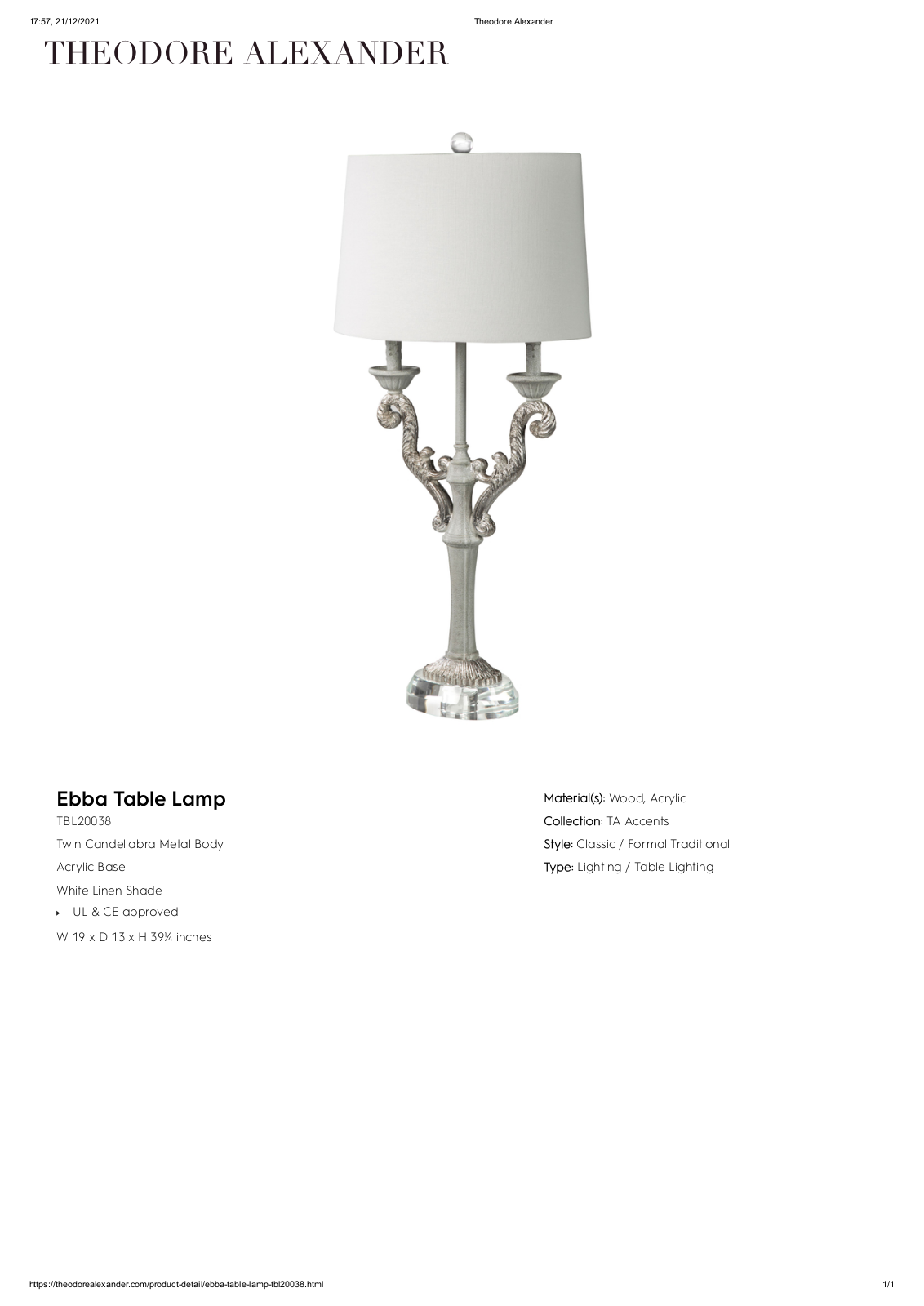Theodore Alexander FPLJ3930 Specifications - ManualMachine.com