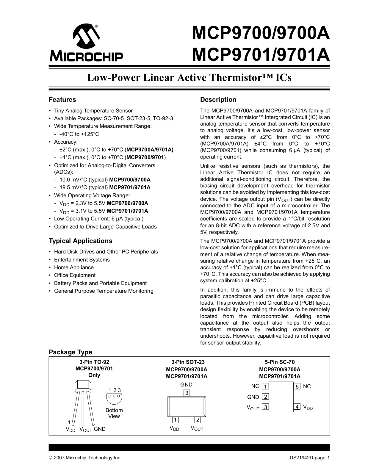 MICROCHIP MCP9700, MCP9700A, MCP9701, MCP9701A Technical data