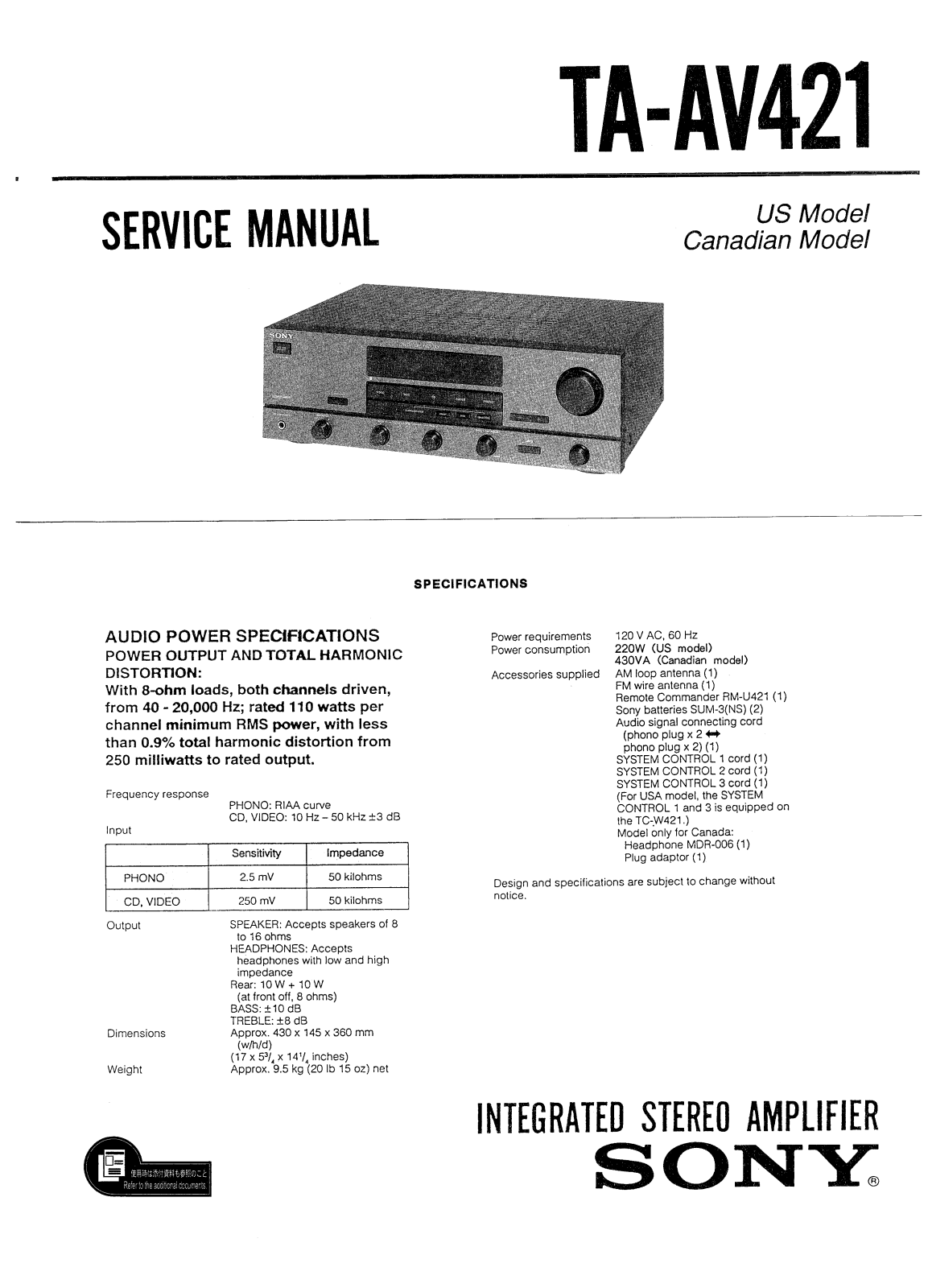 Sony TAAV-421 Service manual