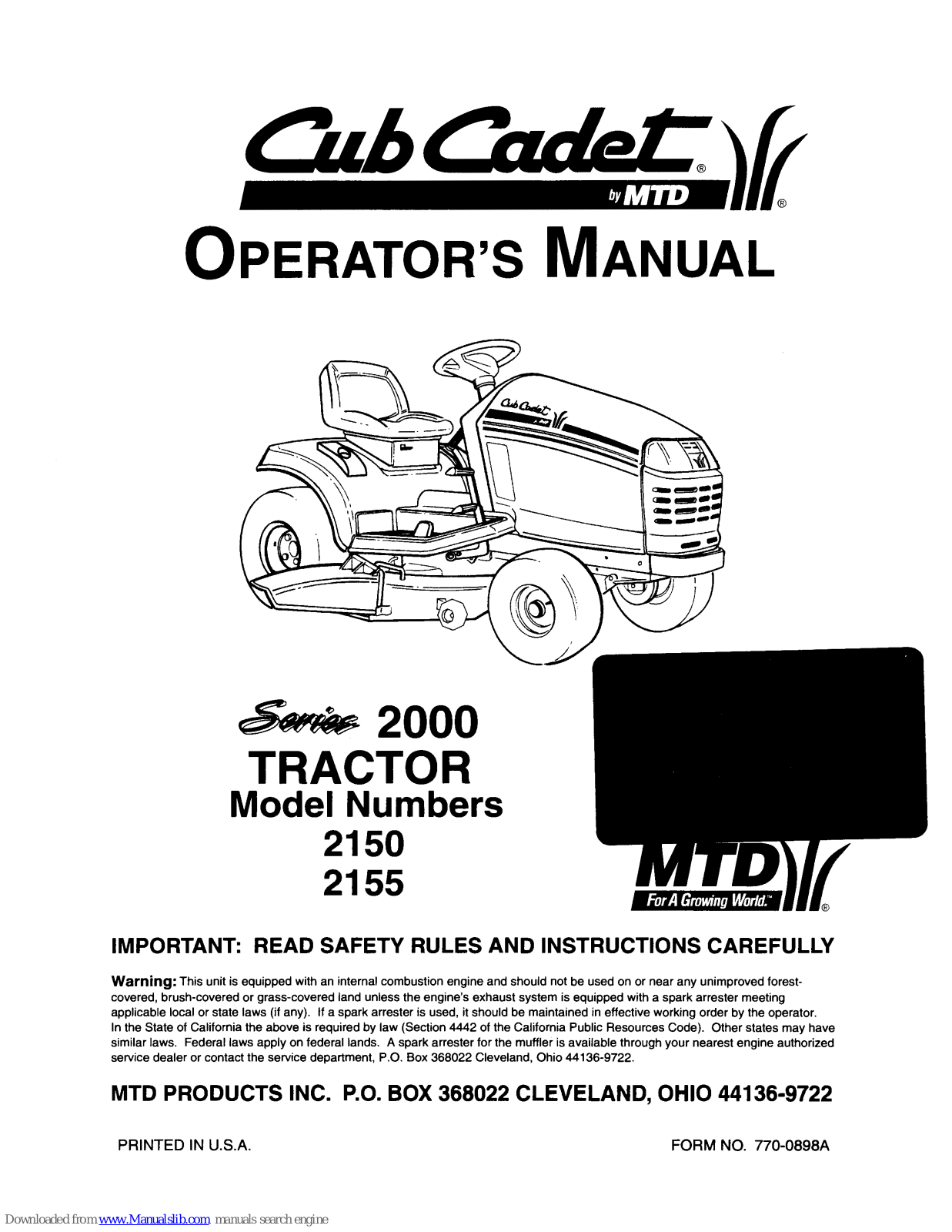 Cub Cadet 2150, 2155 Operator's Manual