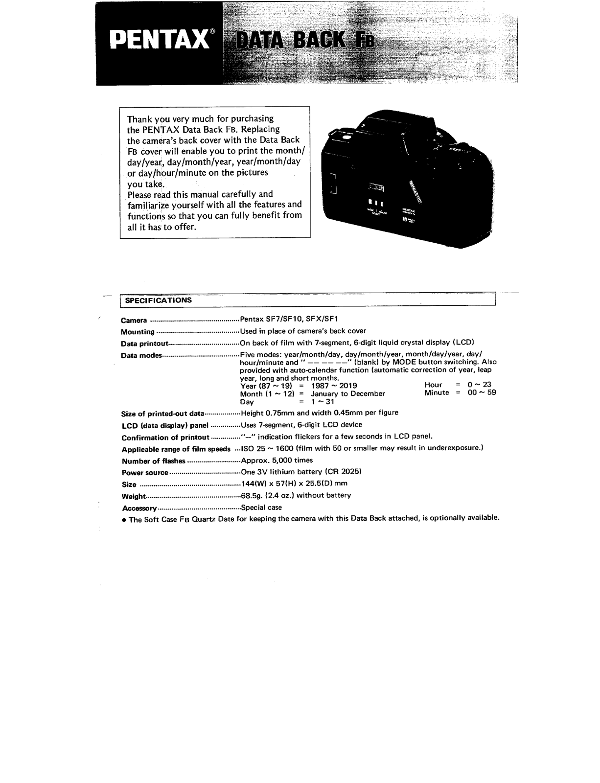 Pentax DATA BACK FB OPERATING MANUAL