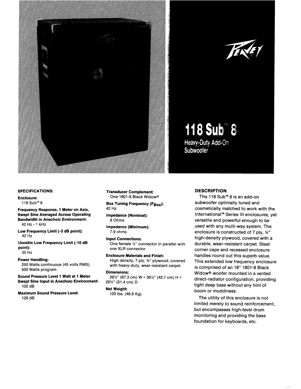 Peavey 118 Sub 8 User Manual