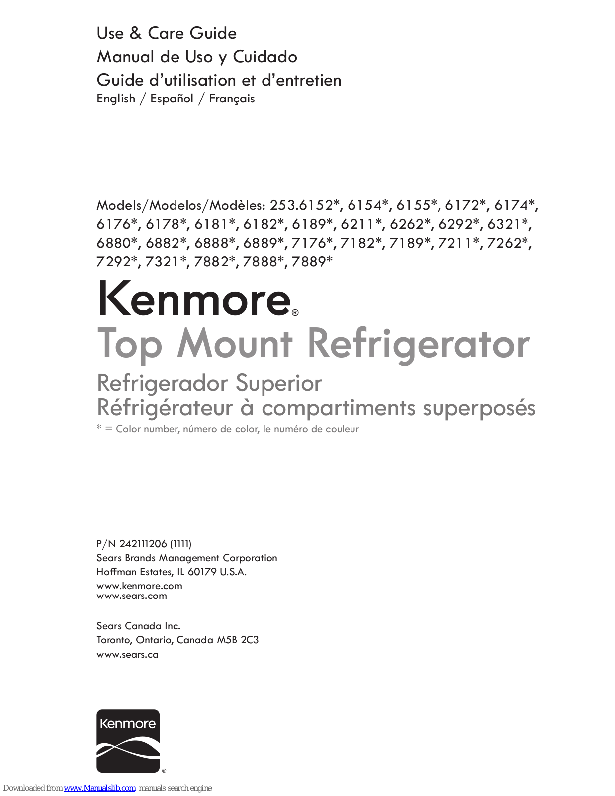 Kenmore 253.6154 Series, 253.6178 Series, 253.6155 Series, 253.6176 Series, 253.6181 Series Use & Care Manual