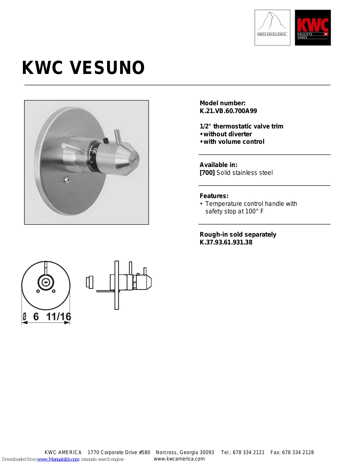 KWC VESUNO K.21.VB.60.700A99 Specification Sheet