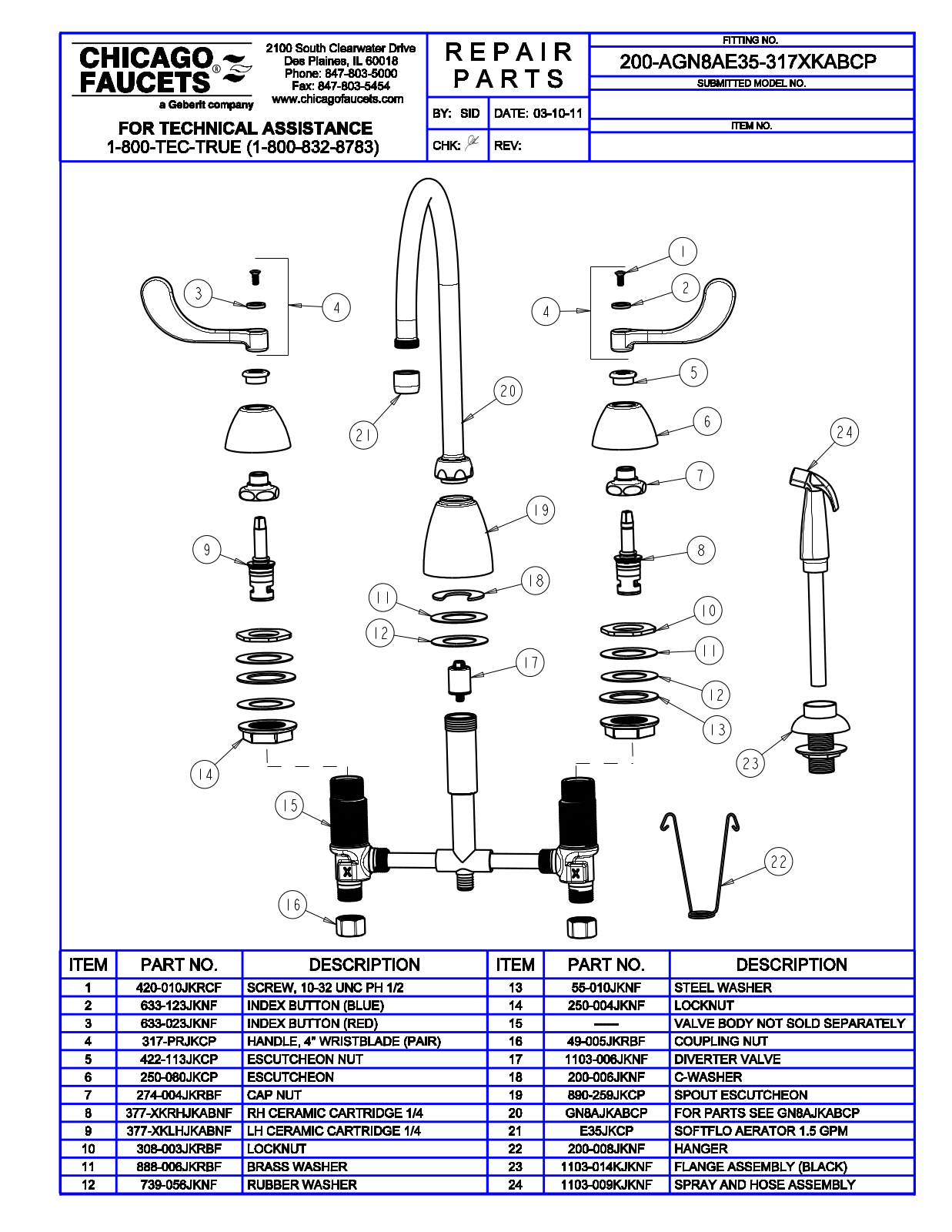 Chicago Faucet 200-AGN8AE35-317XKAB Parts List