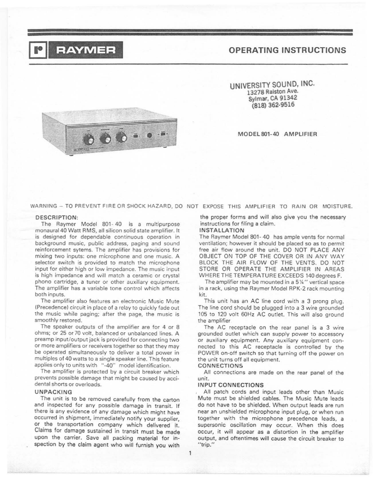 Telex 801-40 User Manual