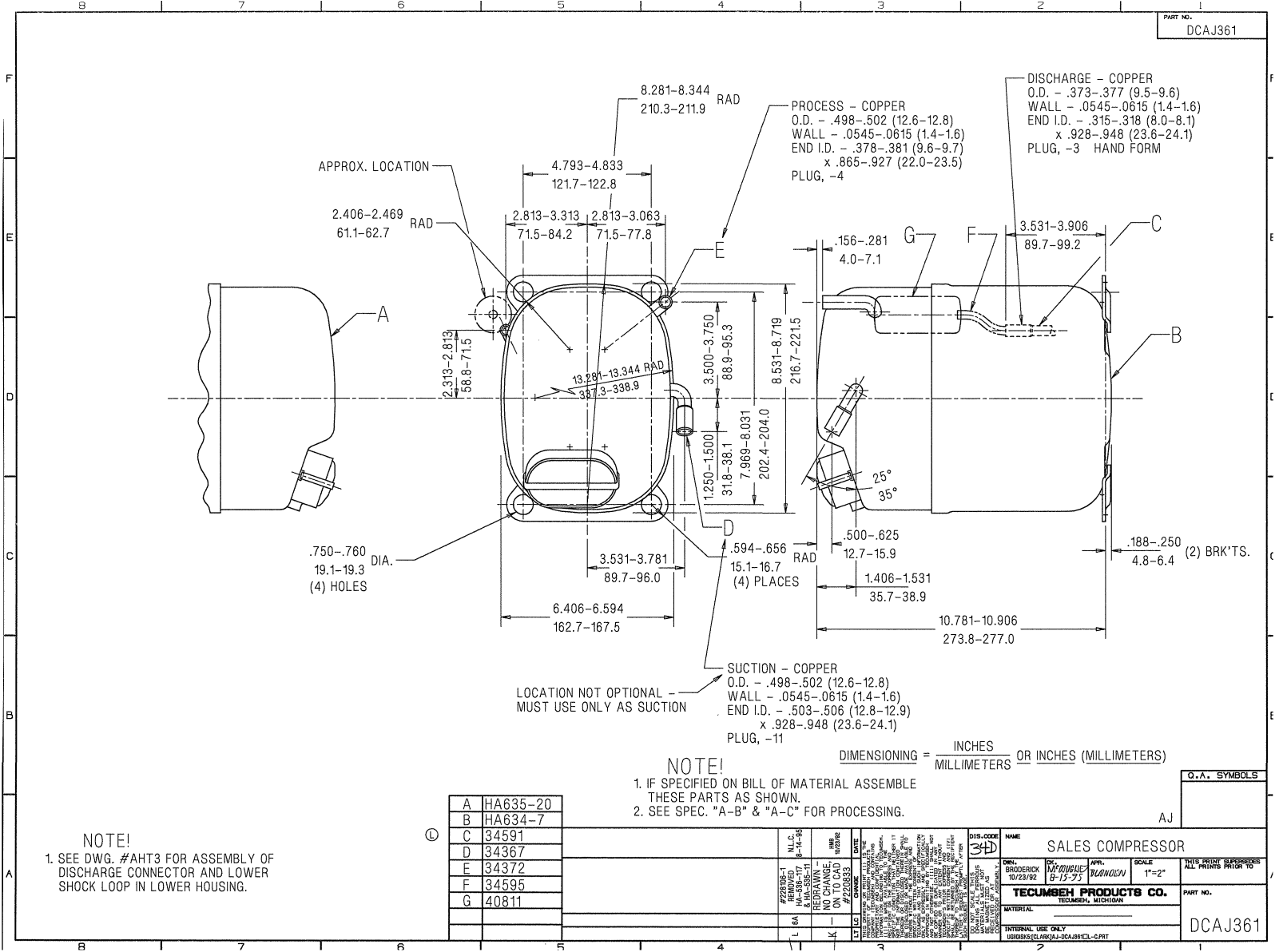 Tecumseh AJA7490ZXD, AJA8520EXD, AJA9484EXD Drawing Data