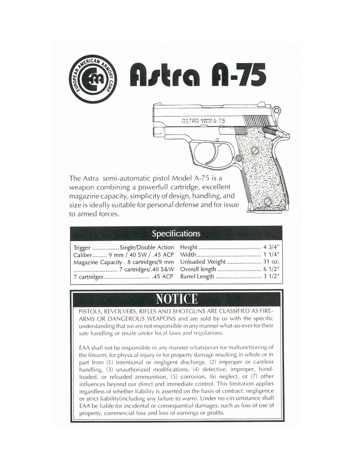 EAA Astra A-75 Instruction Manual