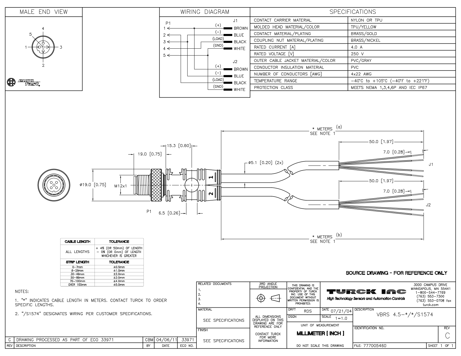 Turck VBRS4.5-1/1/S1574 Specification Sheet