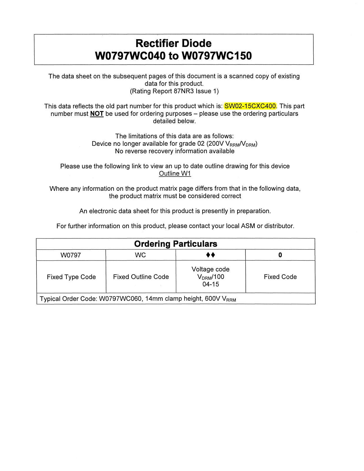Datasheet W0797WC040, W0797WC150 Datasheet (Westcode Semiconductors) - ManualMachine.com