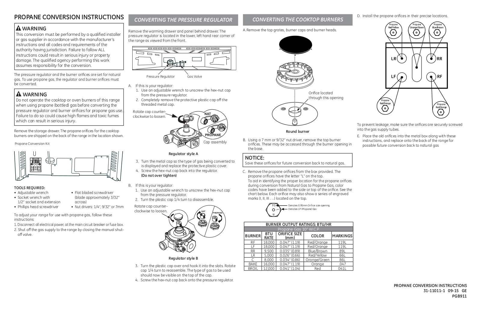 GE PGB911SEJSS, PGB911BEJTS, PGB911ZEJSS, PGB911EEJES, PGB911DEJBB Conversion Kit