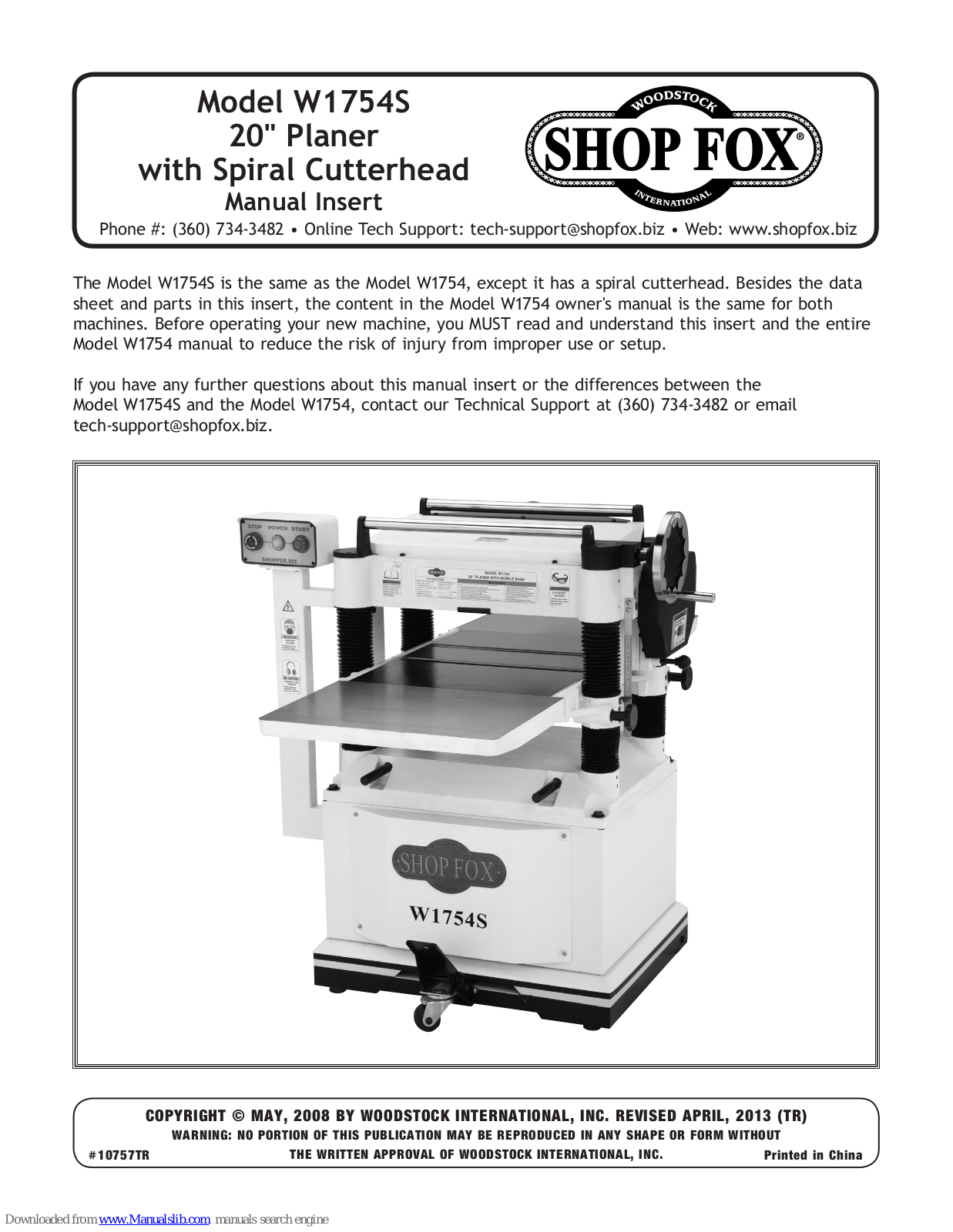 Shop fox W1754S, W1754 Manual Insert