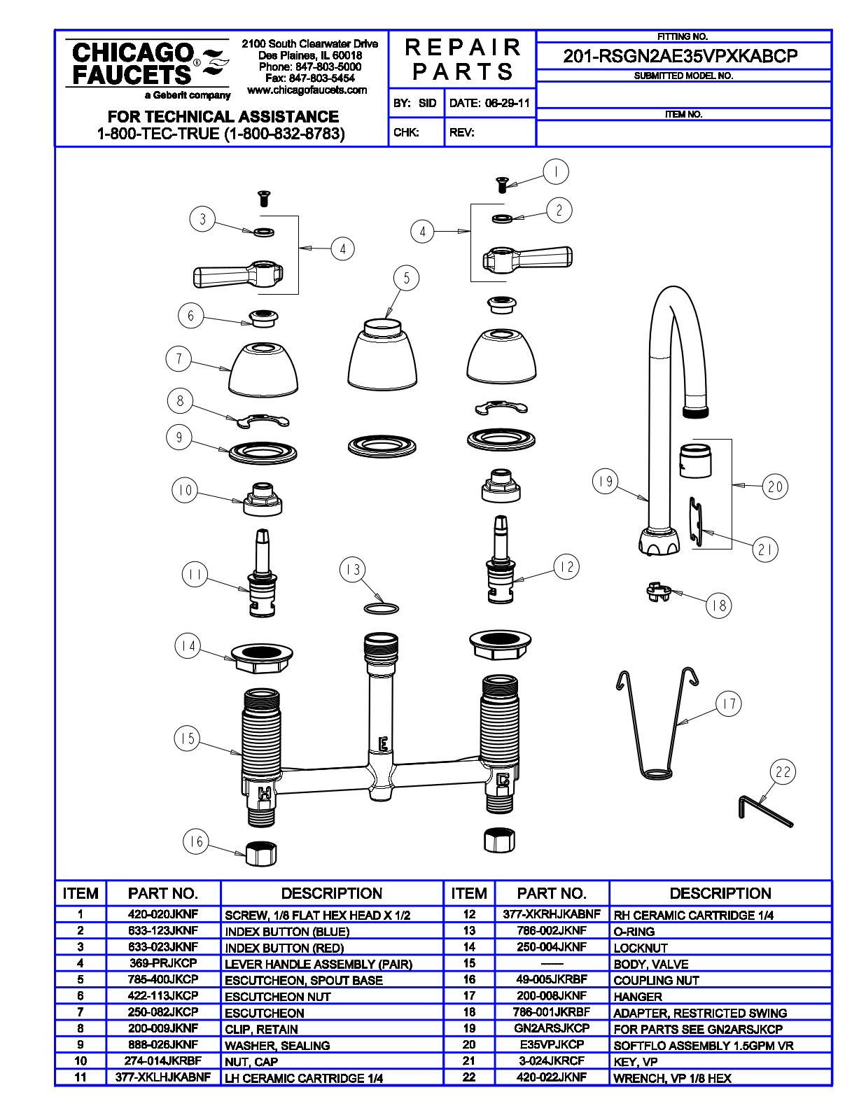 Chicago Faucet 201-RSGN2AE35VPXKAB Parts List