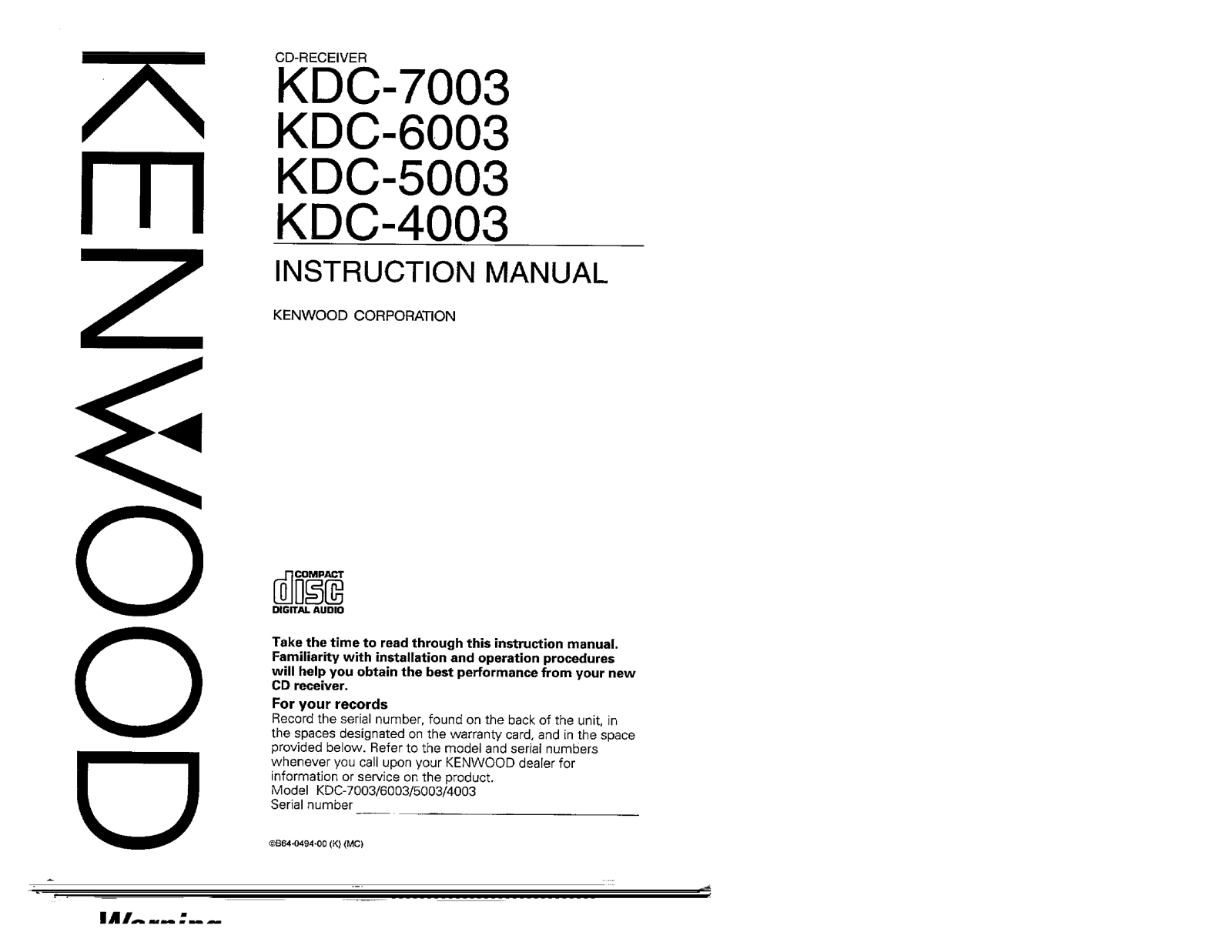 Kenwood KDC-7003, KDC-5003, KDC-6003, KDC-4003 Owner's Manual