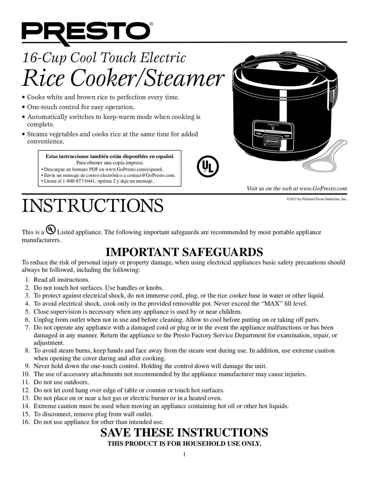 Presto Rice Cooker User Manual