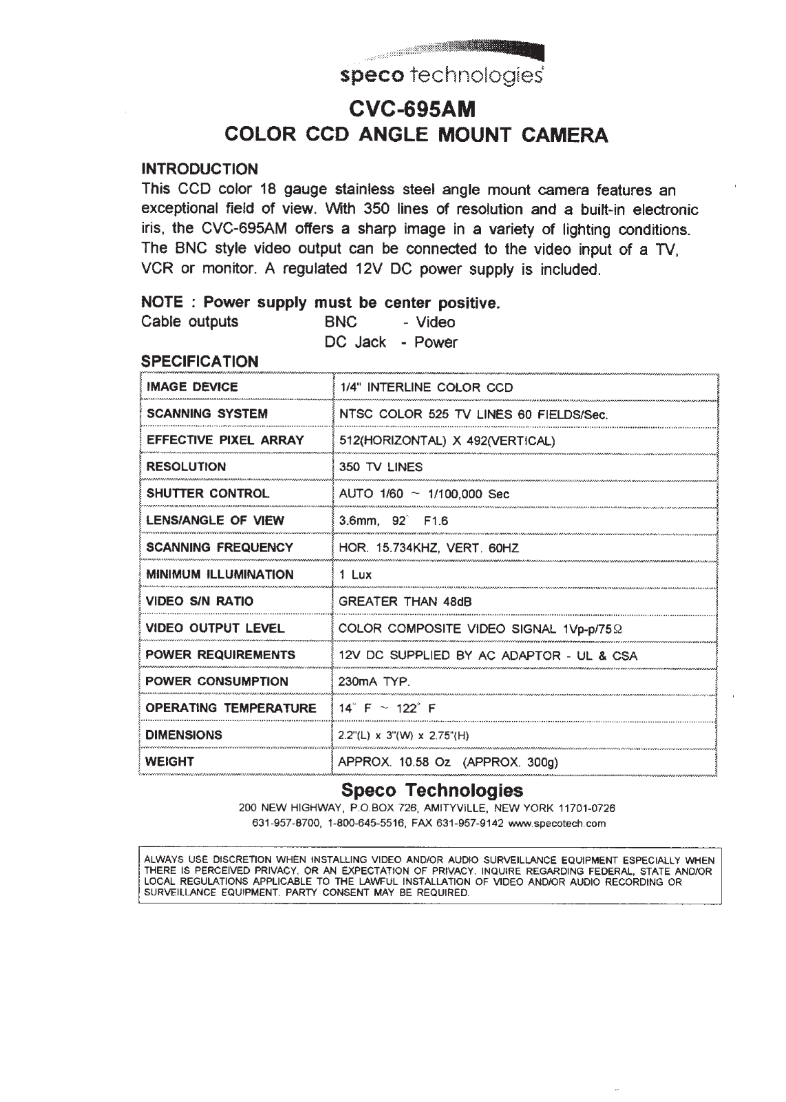 Speco Technologies CVC695AM Specifications