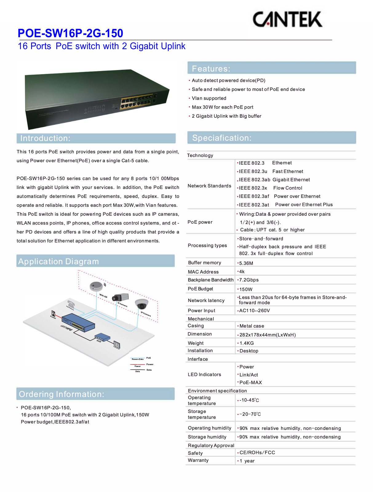 Cantek CT-POE-SW16P-2G-150 Specsheet