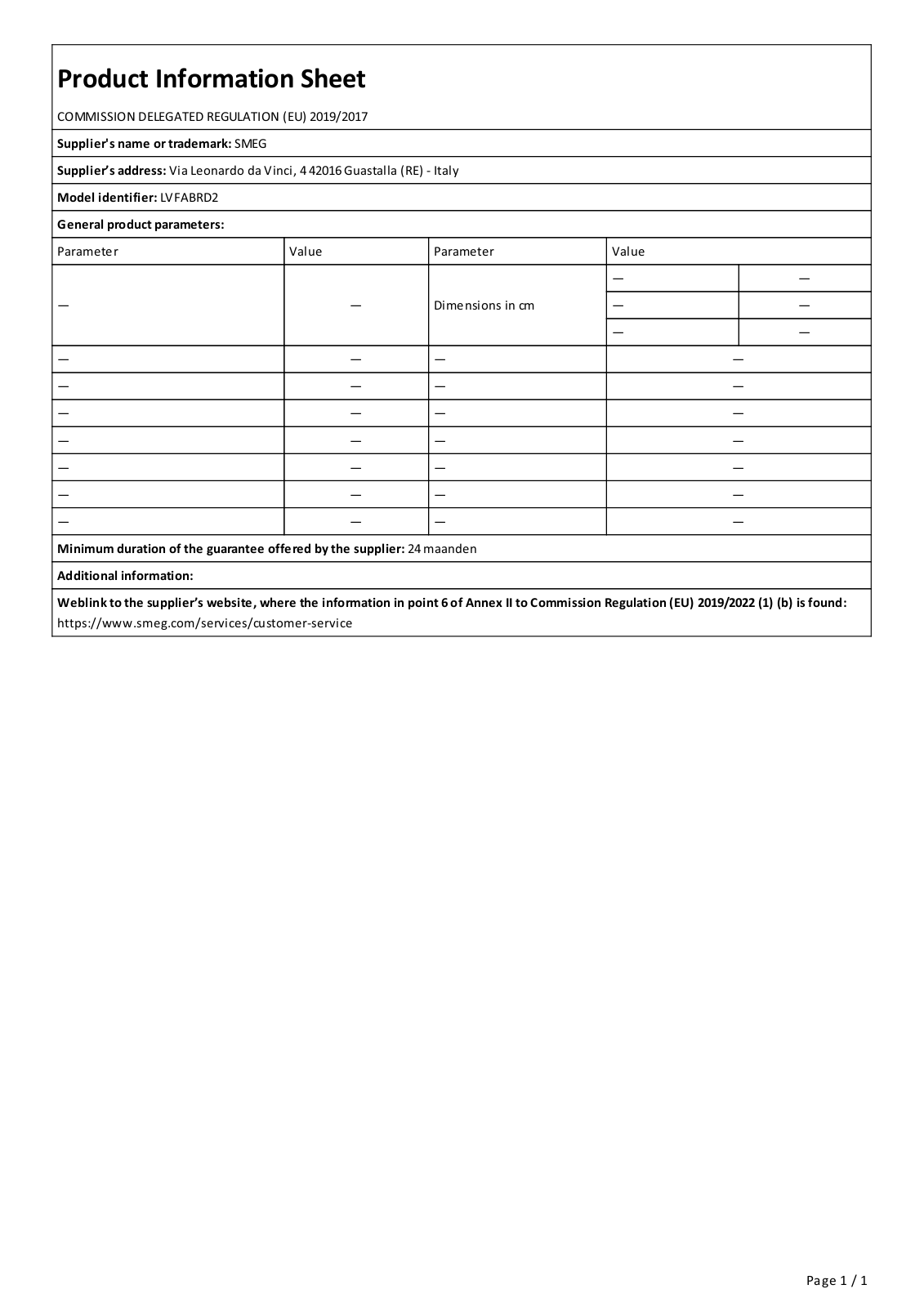 Smeg LVFABRD2 Product Information Sheet