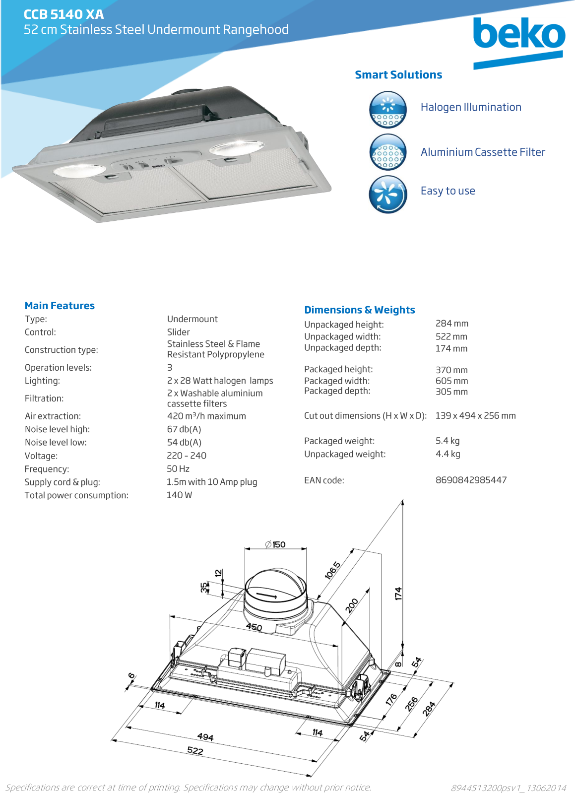 Beko CCB5140XA Specifications Sheet