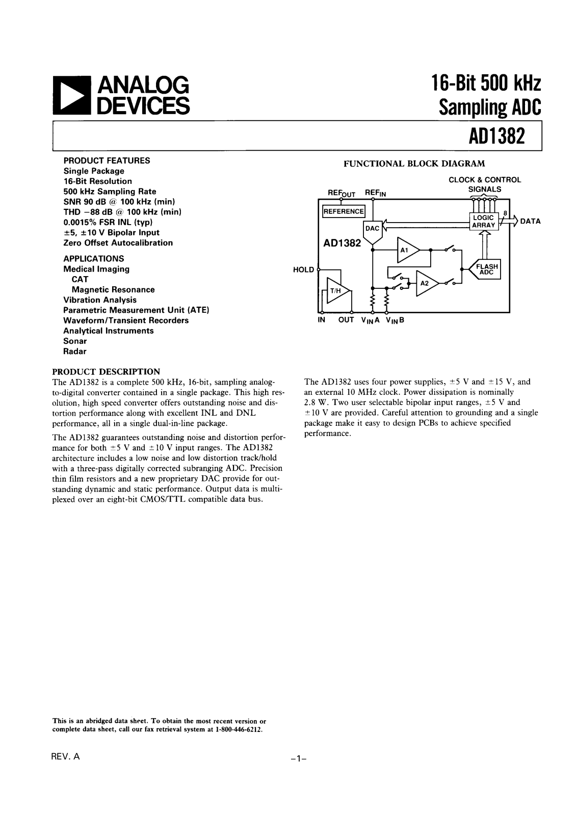 Analog Devices AD1382TD-883B, AD1382TD, AD1382KD Datasheet