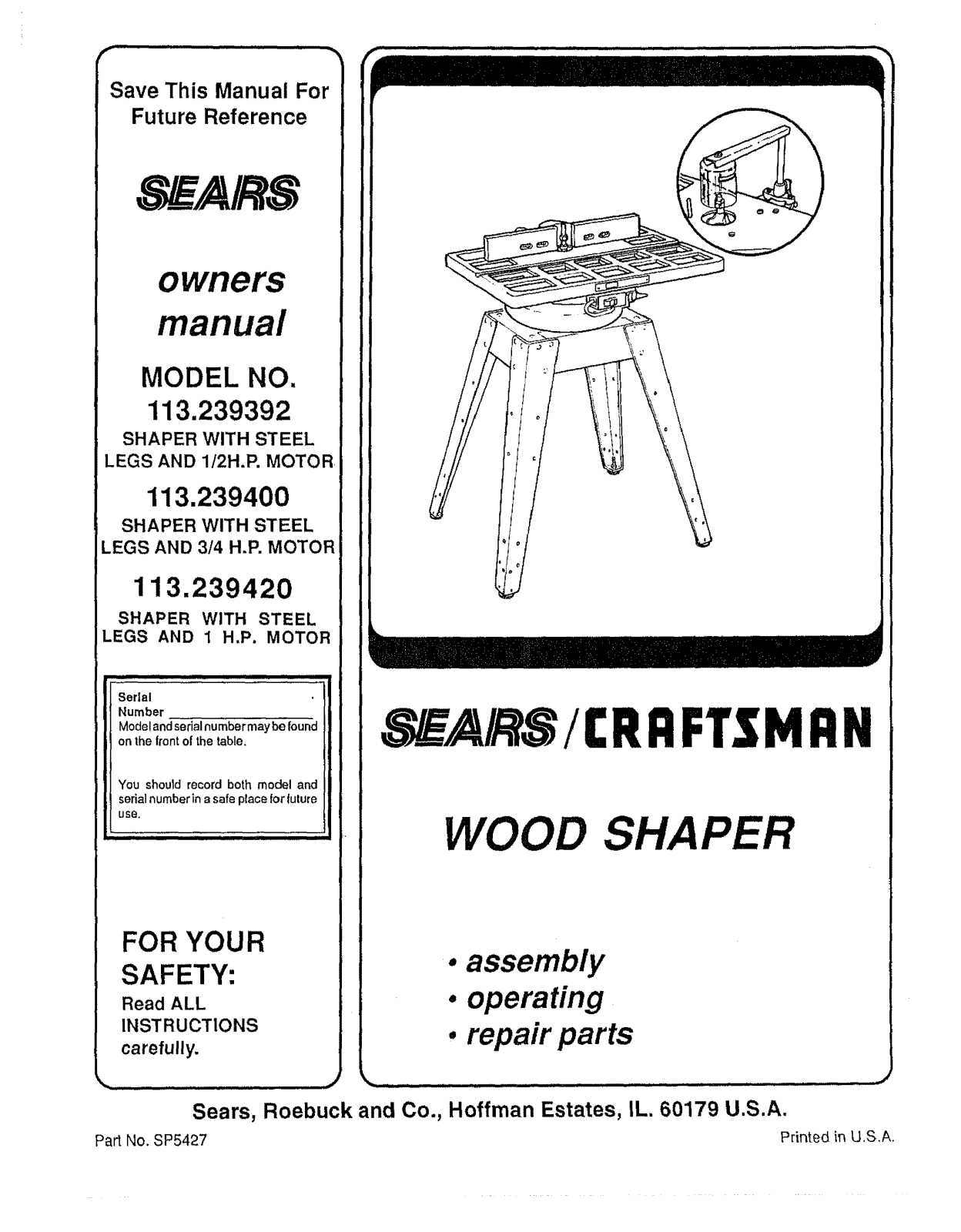 Craftsman 113239420, 113239400, 113239392 Owner’s Manual