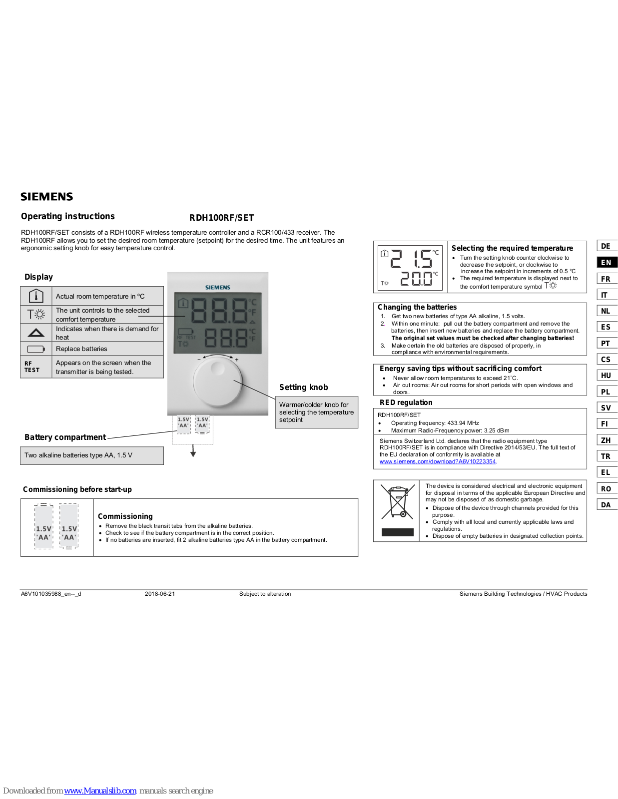 Siemens RDH100RF/SET, RCR100/433, RDH100RF Operating Instructions Manual