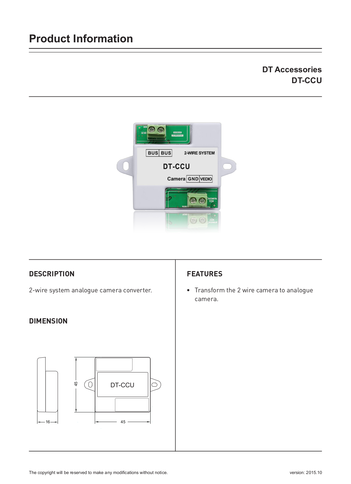 NY Wholesale Intercom DT-CCU Specsheet