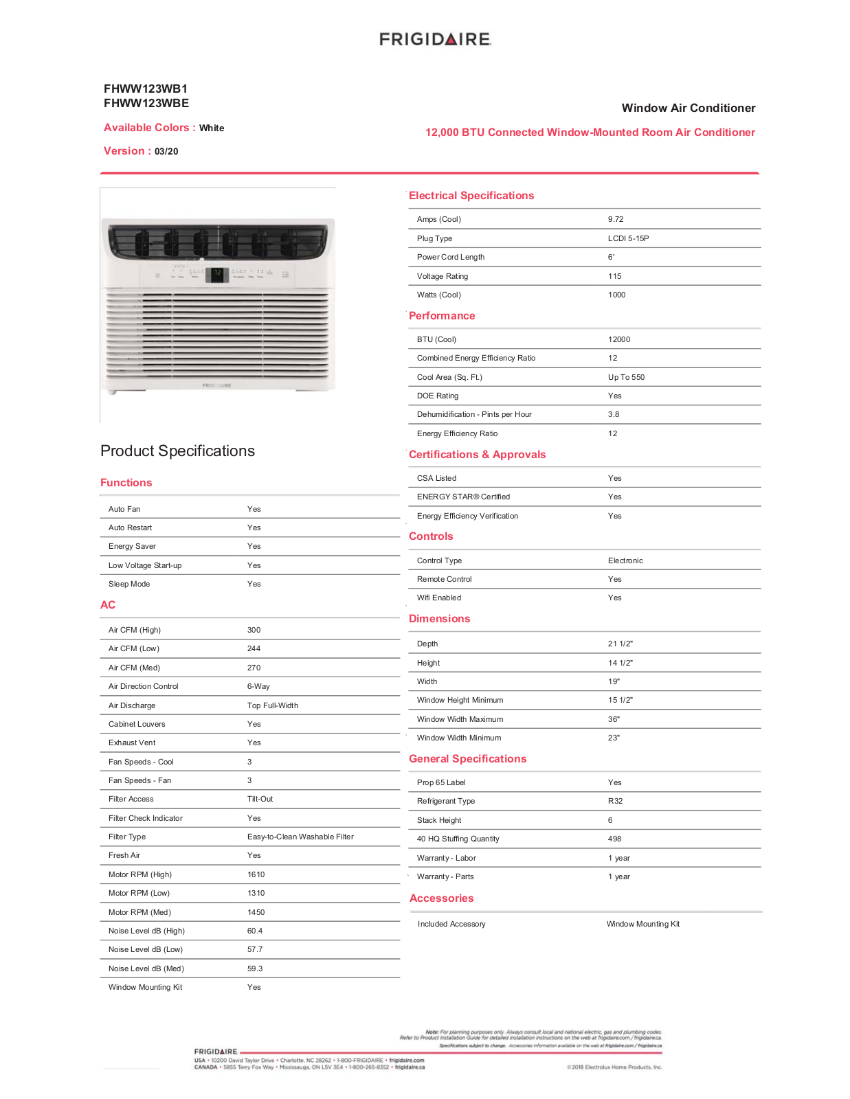 Frigidaire FHWW123WBE Specification Sheet