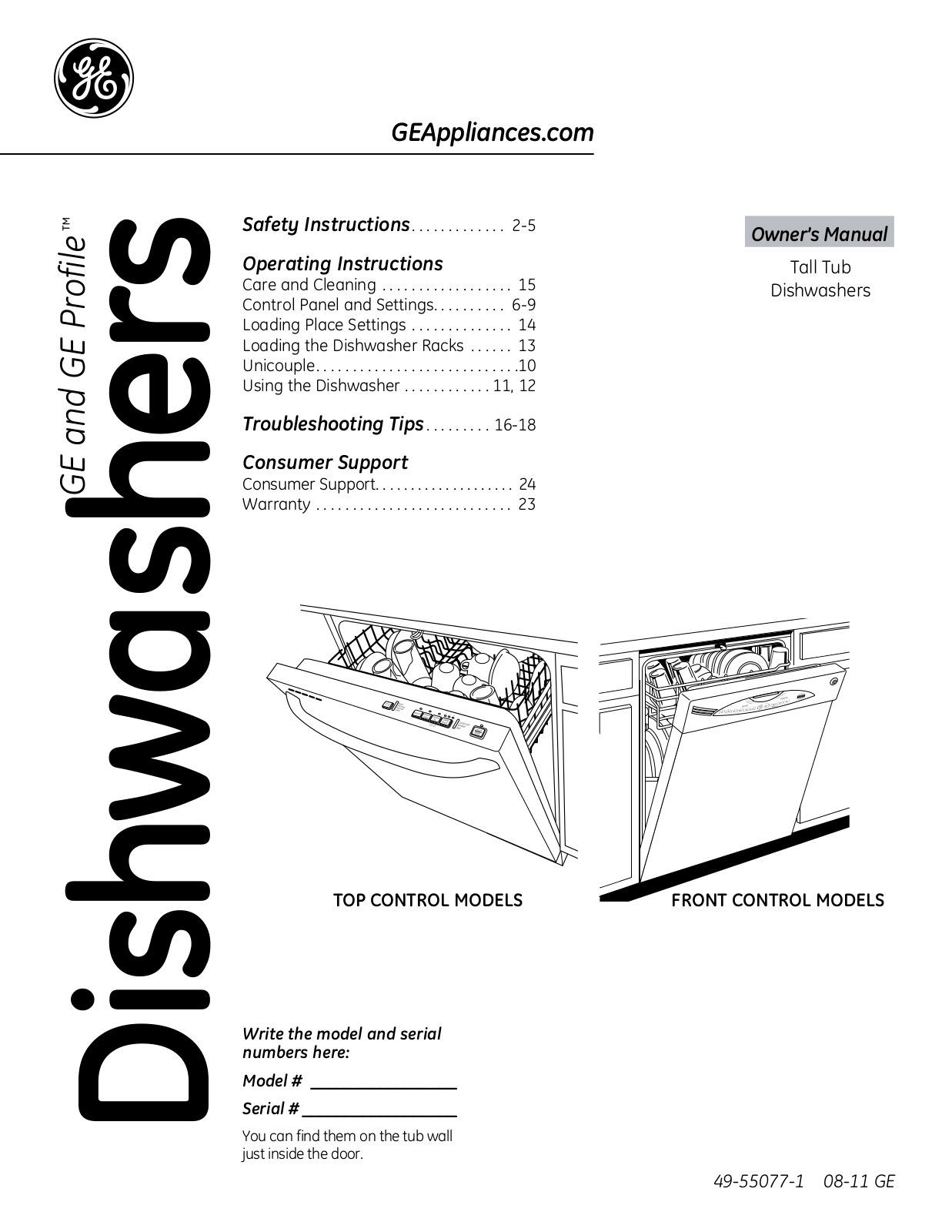 GE Tall Tub Dishwasgers Owner’s Manual