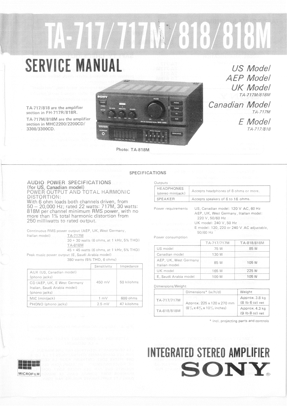 Sony TA-818M, TA-818, TA-717M, TA-717 Service Manual