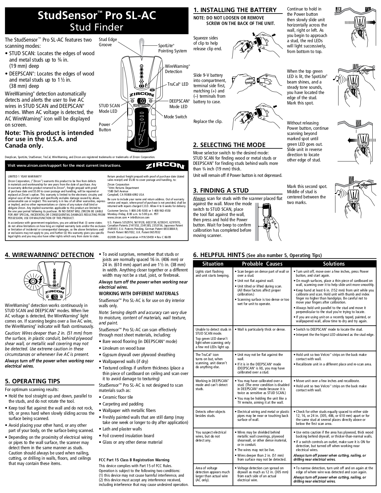 Zircon StudSensor Pro SL-AC Owner's Manual