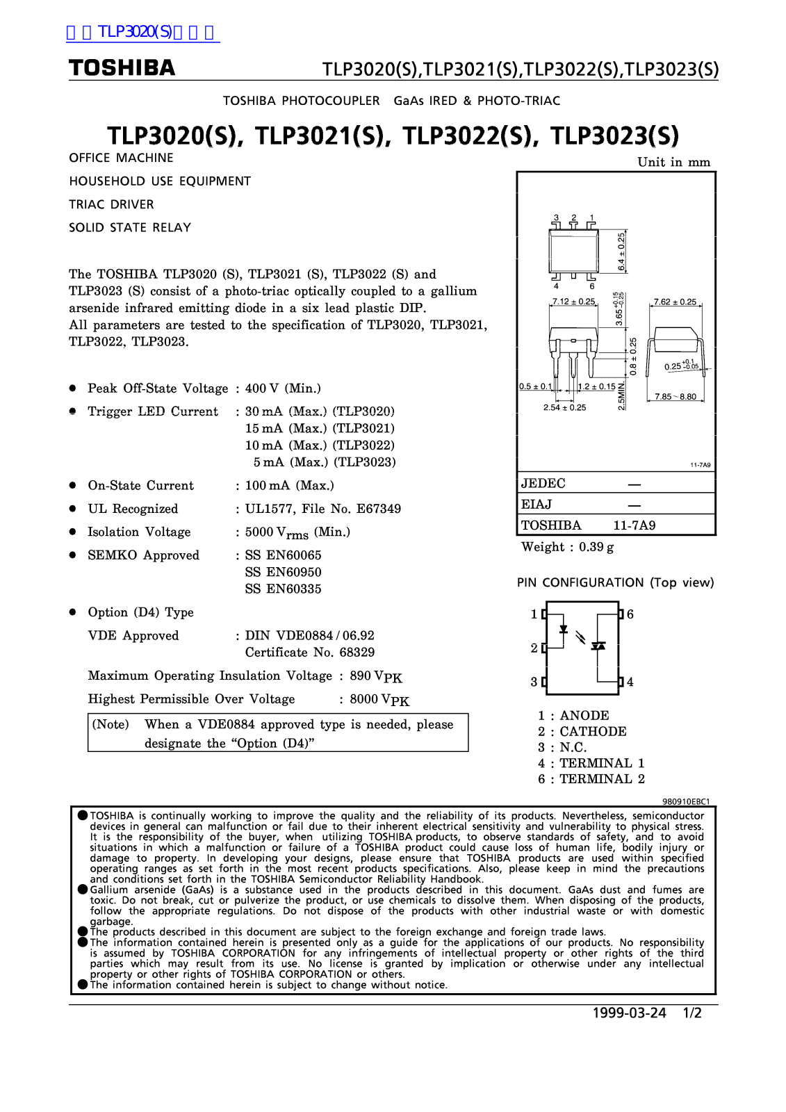 TOSHIBA TLP3020, TLP3021, TLP3022, TLP3023 Technical data