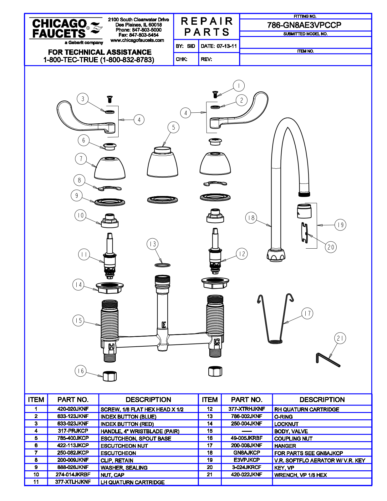 Chicago Faucet 786-GN8AE3VPC Parts List