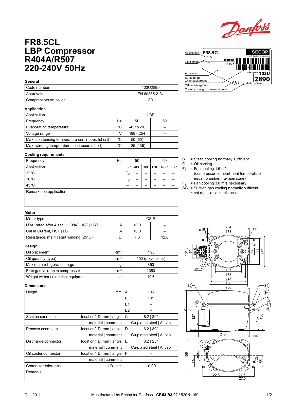 Danfoss FR8.5CL LBP Data sheet