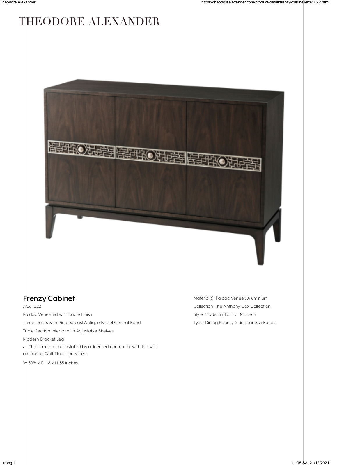 Theodore Alexander FPLJ3387 Specifications - ManualMachine.com