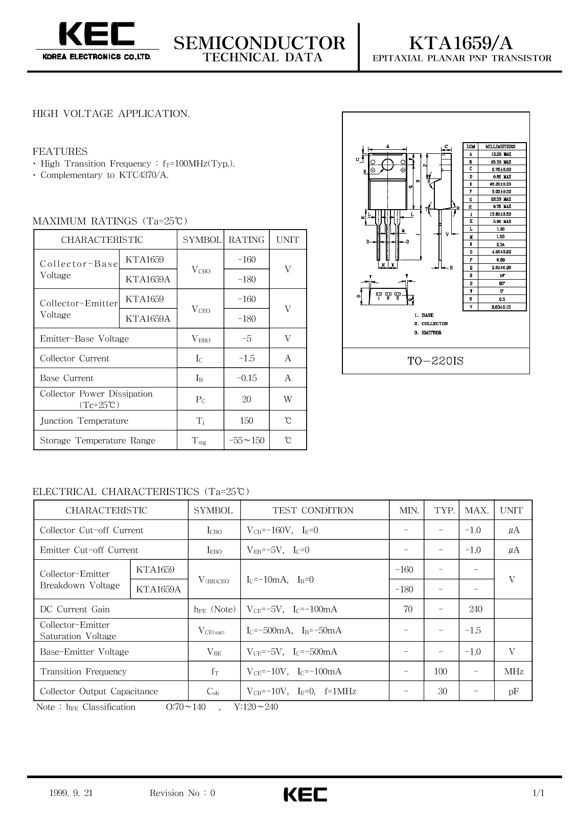 KEC KTA1659A, KTA1659 Datasheet