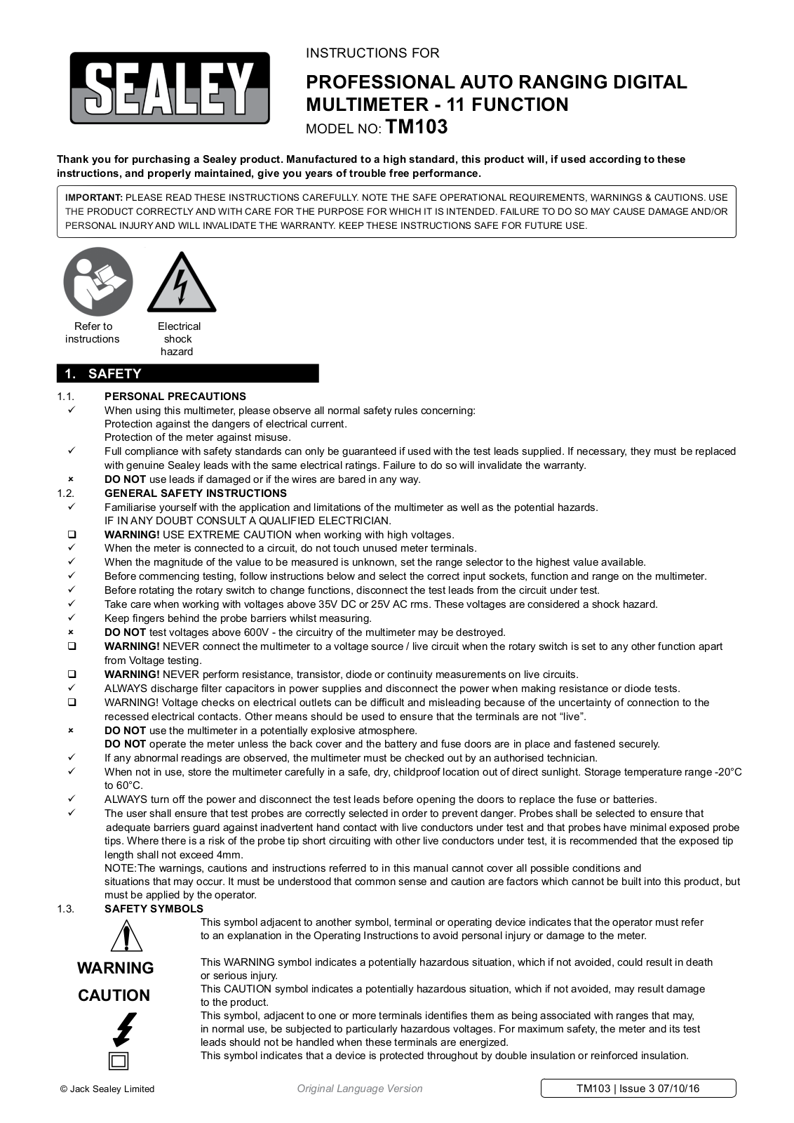 Sealey TM103 Instructions Manual