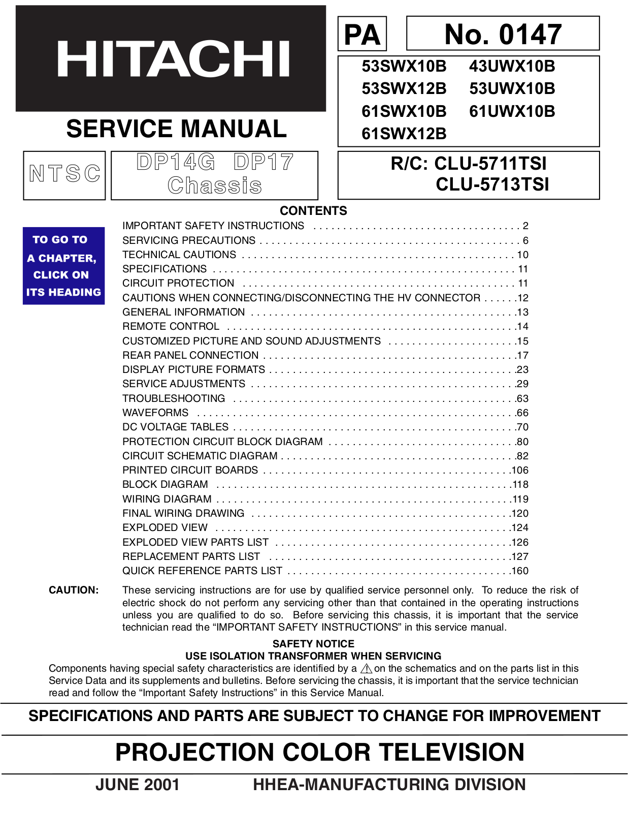 Hitachi 43-53-61-S-U-WX10B-12B Service Manual