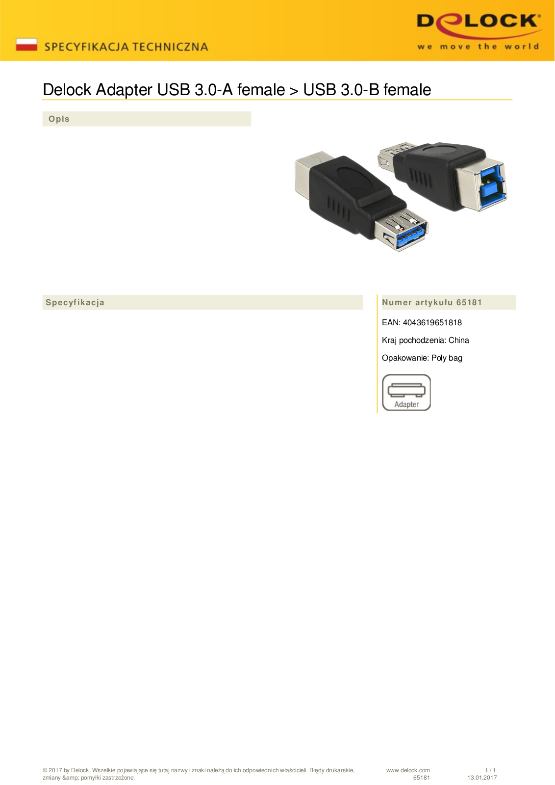 DeLOCK USB 3.0 adapter, USB 3.0-A socket to USB 3.0-B socket User Manual