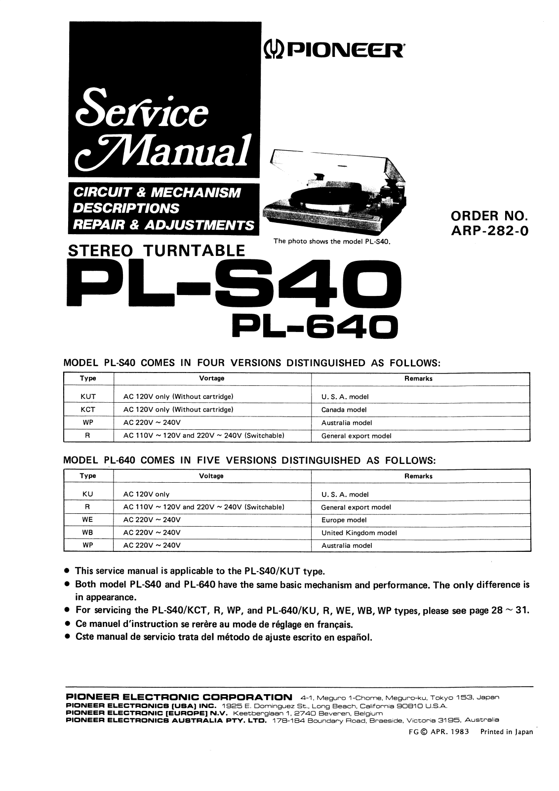 Pioneer PL-S40, PL-640 Service Manual