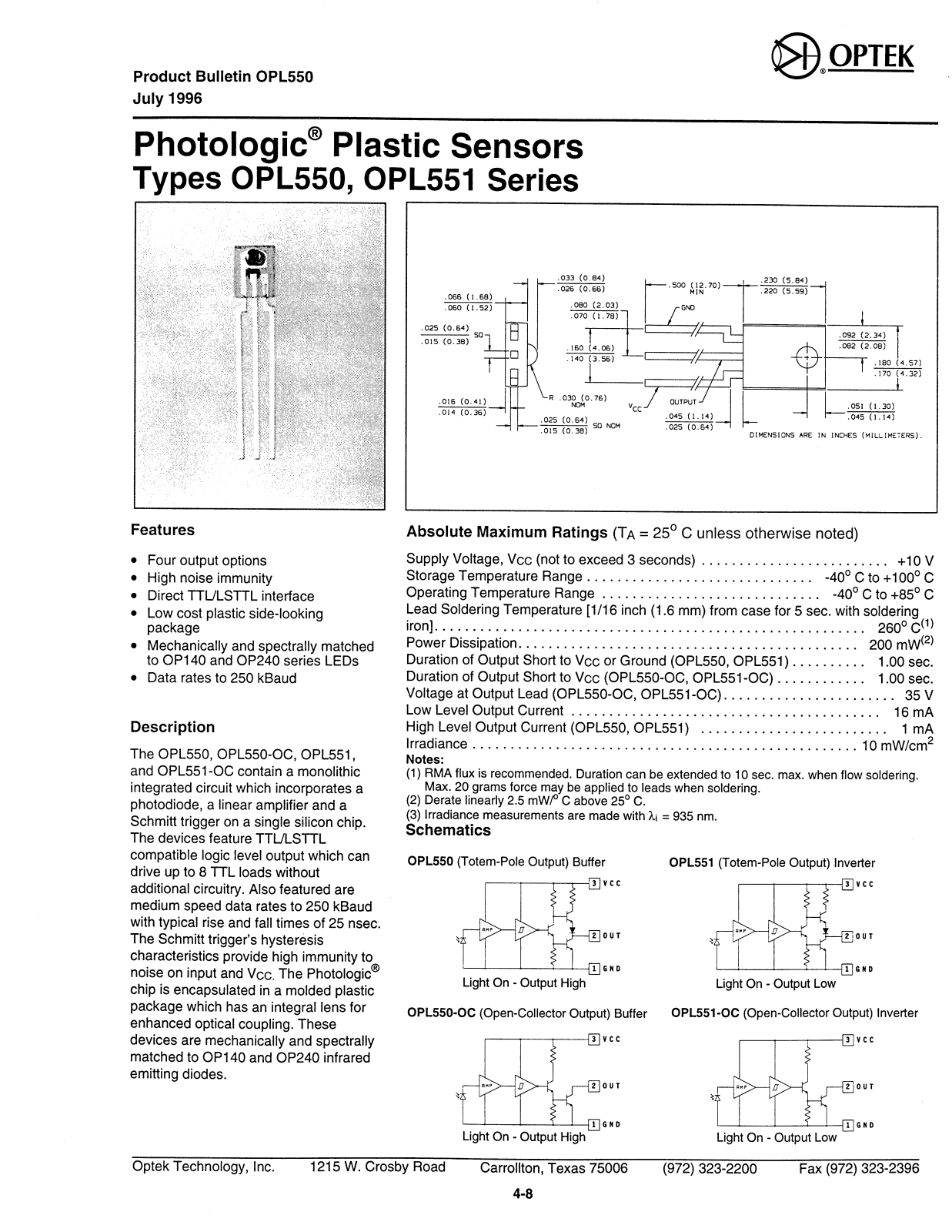 OPTEK OPL551-OC, OPL551, OPL550-OC, OPL550 Datasheet