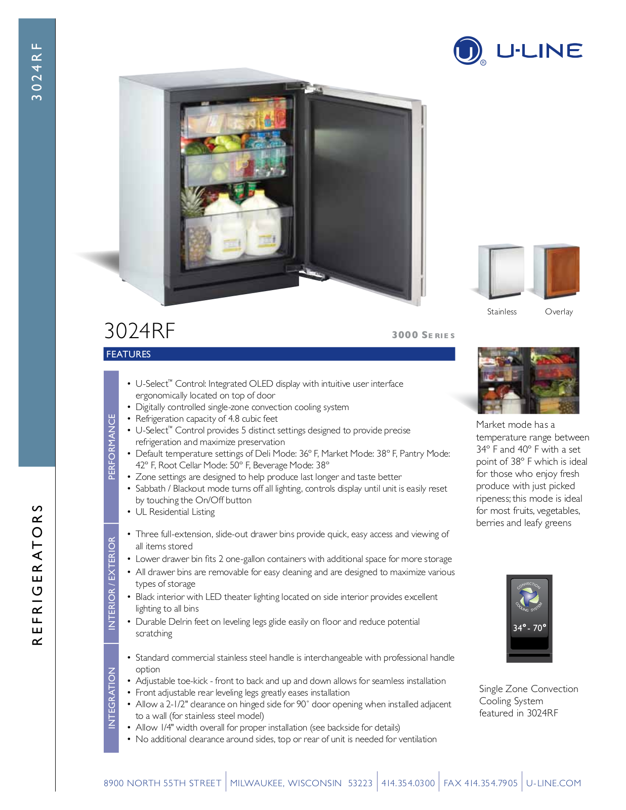 U-Line U-3024RFS-00, U-3024RFS-01, U-3024RFOL-01 Specification Sheet