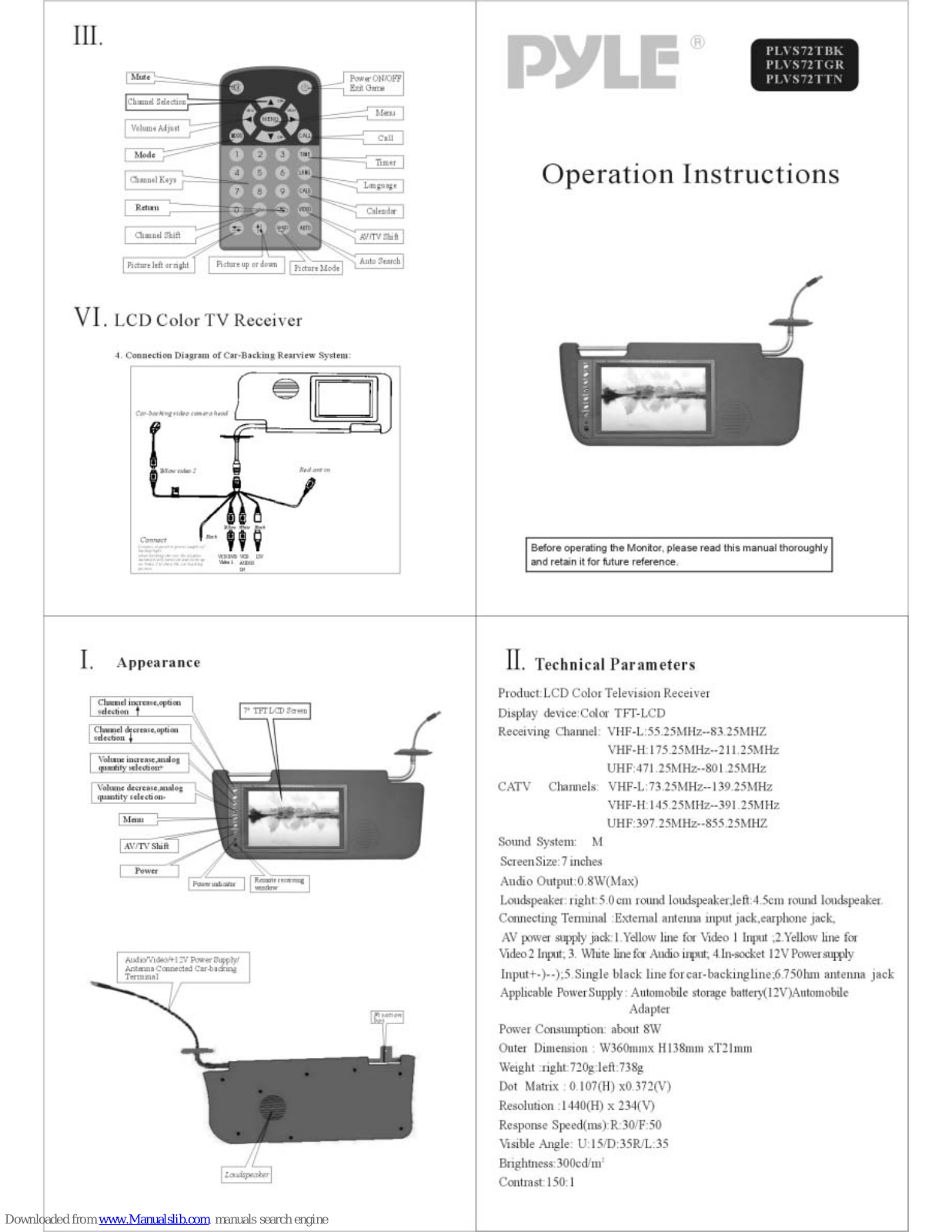 Pyle PLVS72TBK, PLVS72T, PLVS72TGR, PLVS72TTN Operation Instructions Manual