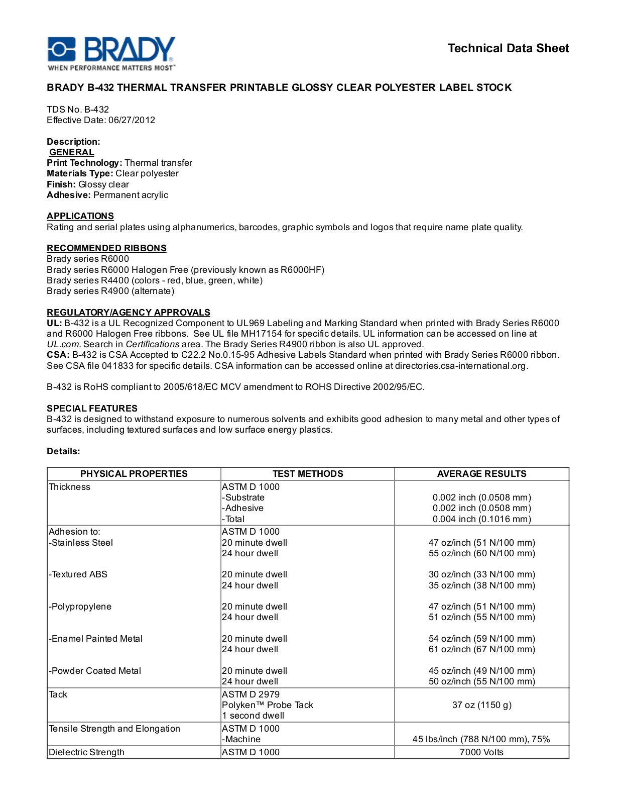 Brady B­432 Technical Data