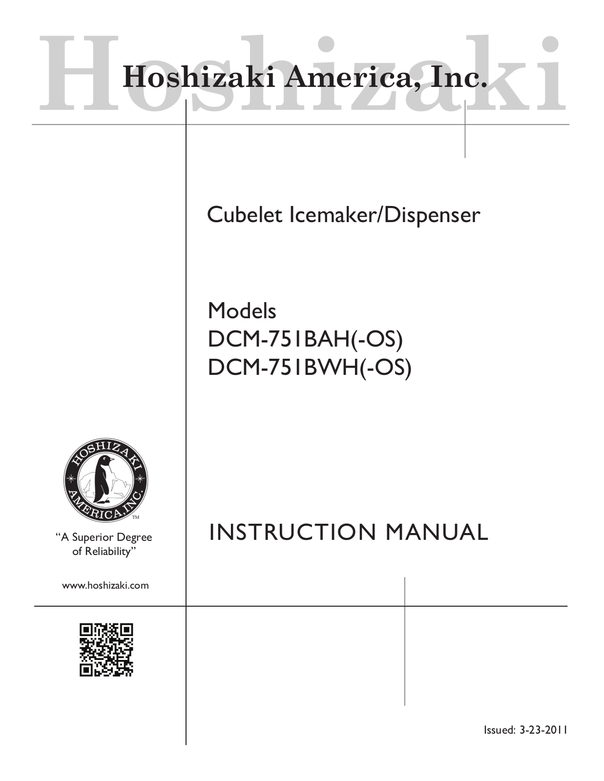 Hoshizaki DCM751BAH, DCM751BWH User Manual