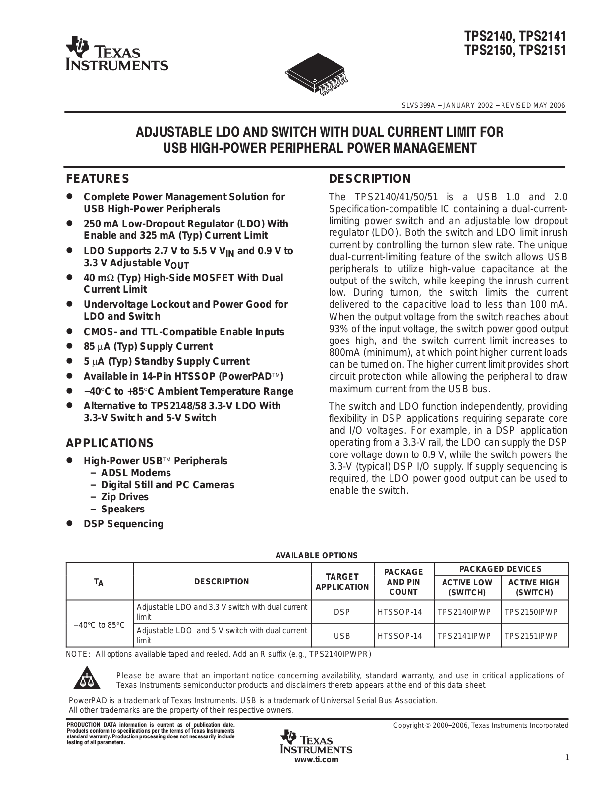 TEXAS INSTRUMENTS TPS2140, TPS2141, TPS2150, TPS2151 Technical data