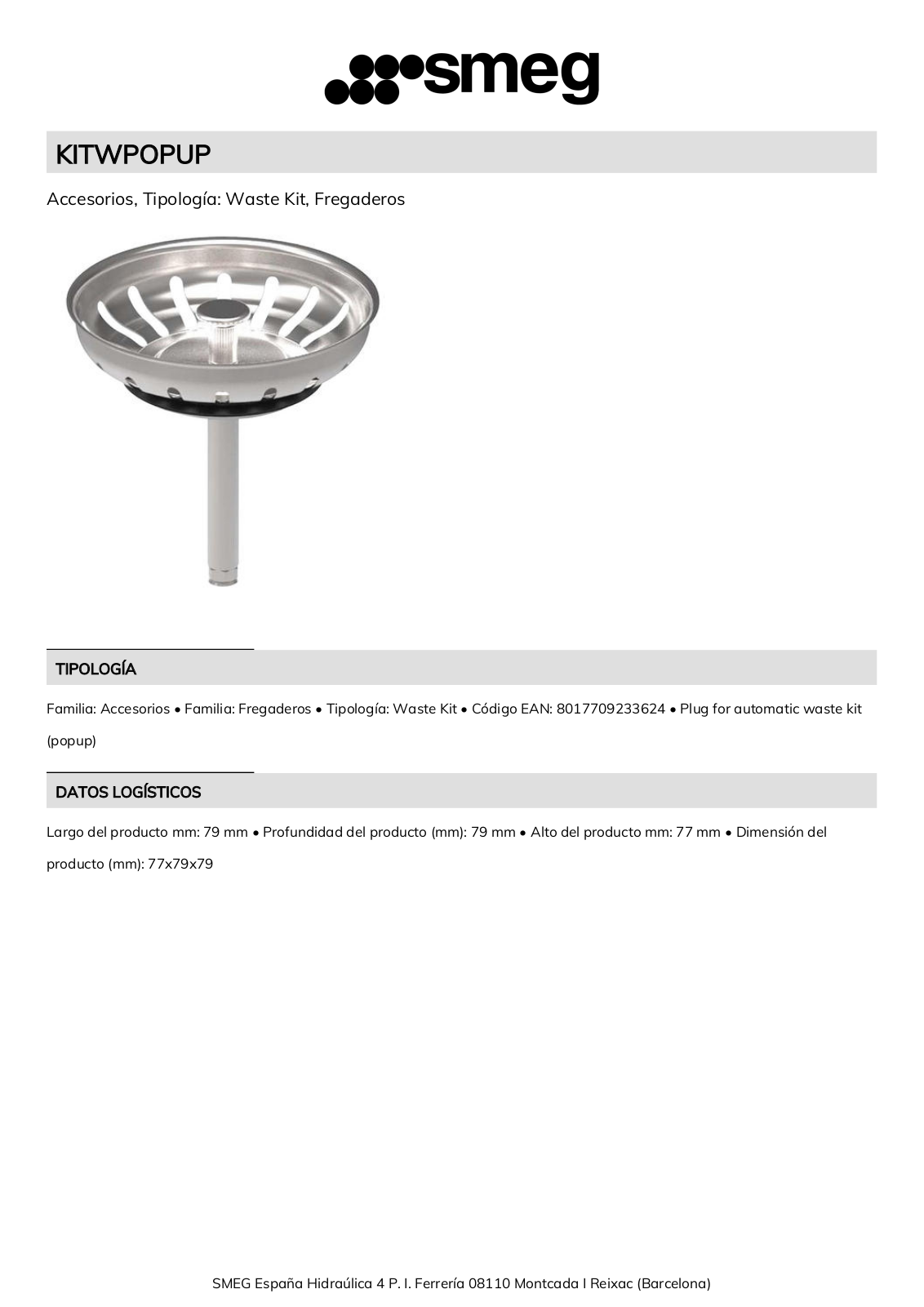 Smeg KITWPOPUP Product Information Sheet