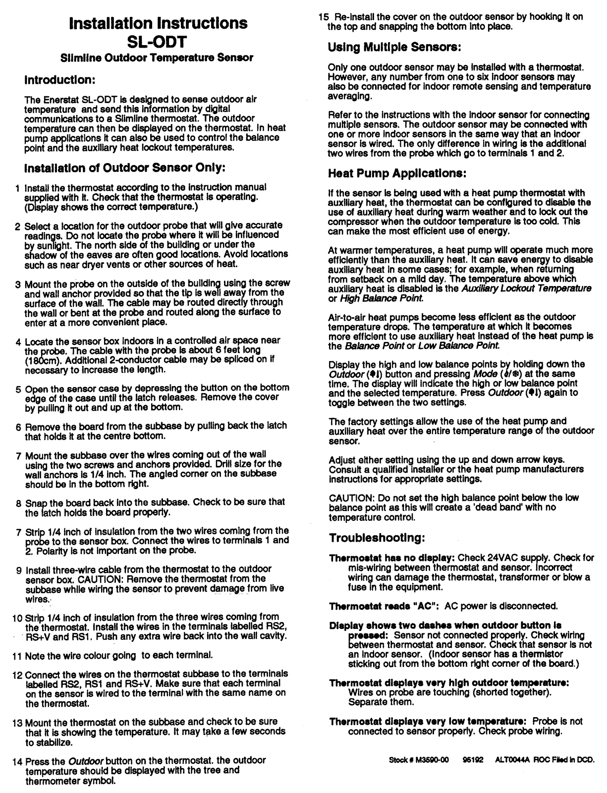 enerstat SL-ODT Installation Instructions Manual