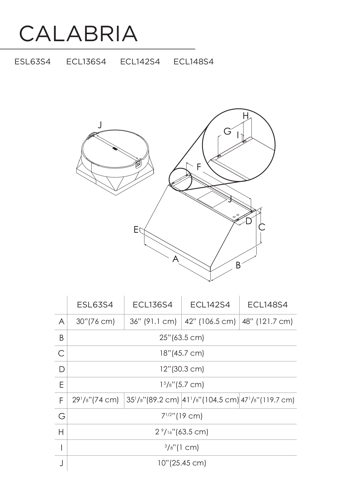 Elica ESL63S4, ECL136S4, ECL142S4, ECL148S4 Dimensions Guide