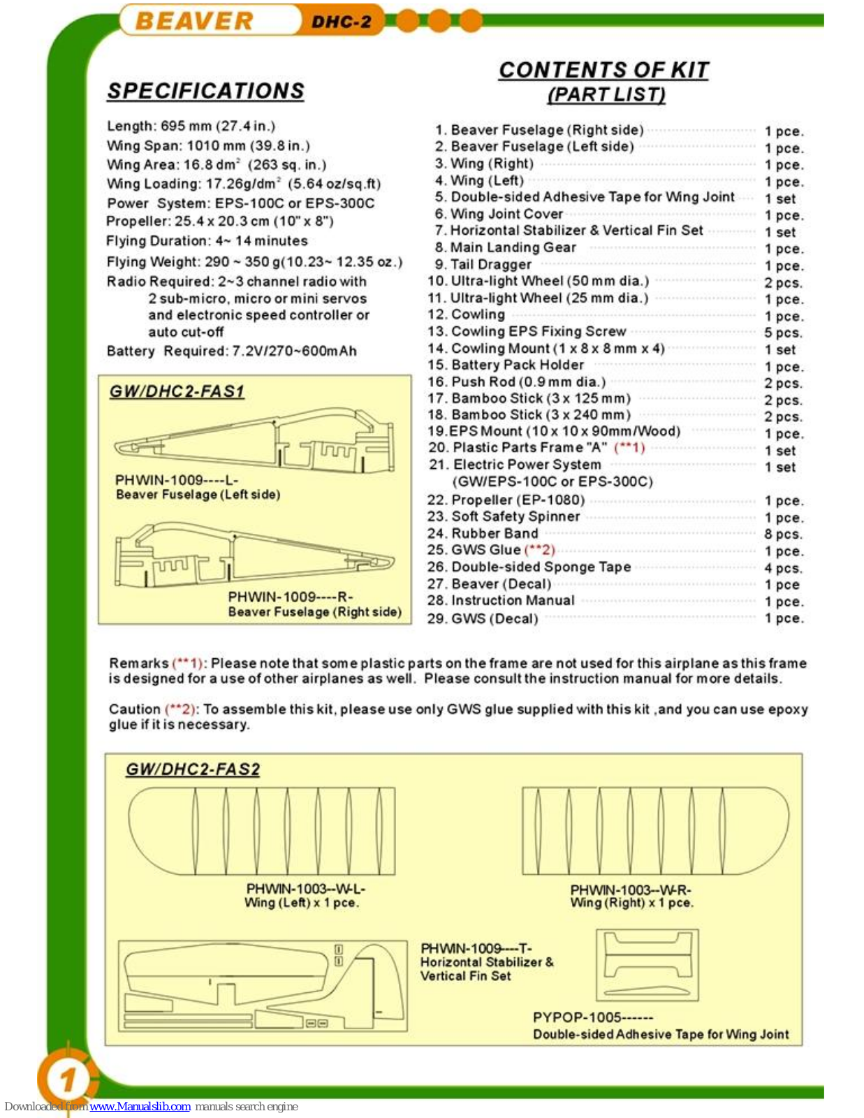 Great Hobbies GWS-2-Beaver, DHC-2-Beaver Assembly Manual